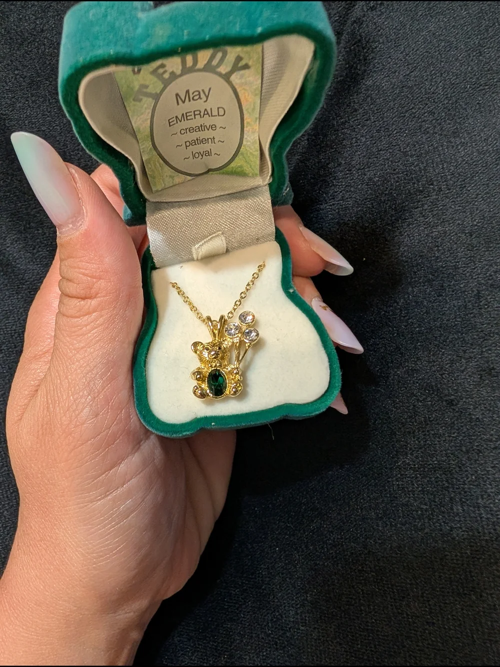 Gold-Tone Teddy Bear Pendant Necklace with Emerald Accent